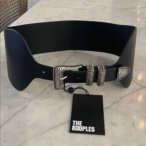 The Kooples Wide Black Belt with Ornate Silver Buckle